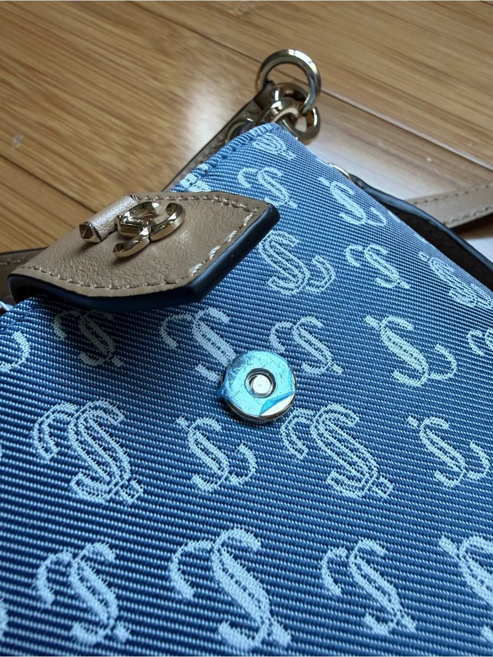 Jimmy Choo Blue Monogram Crossbody with Tan Trim